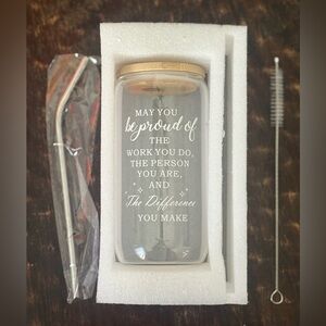 Inspirational Glass Tumbler w/ Bamboo lid and reusable Straw & cleaner brush NIB